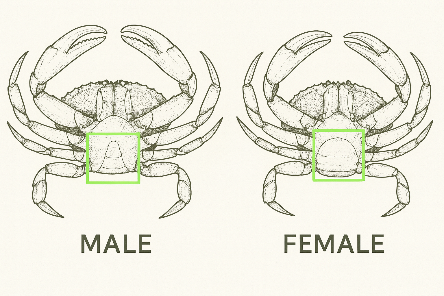 Dungeness crab male vs female abdomen diagram showing narrow triangular male abdomen versus wide rounded female abdomen